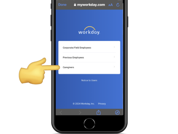 A screen on the WorkDay app that has 3 options, the last one being Caregivers. Click that.